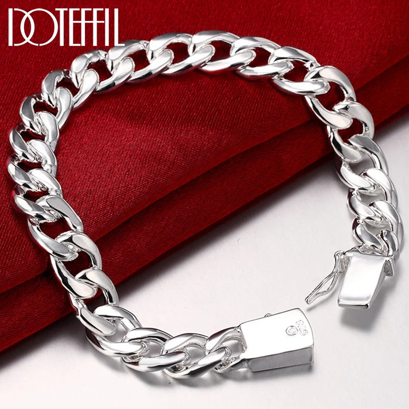 925 Silver 10mm Chain Square Buckle Bracelet Men Women Wedding Party