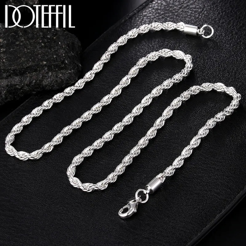 925 Silver 4mm Twisted Rope Chain Necklace 16-24 Inch for Wedding Charm Jewelry