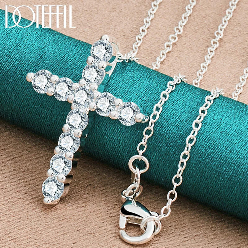 925 Silver Cross Pendant Necklace Zircon Chain Wedding Party Charm Jewelry
