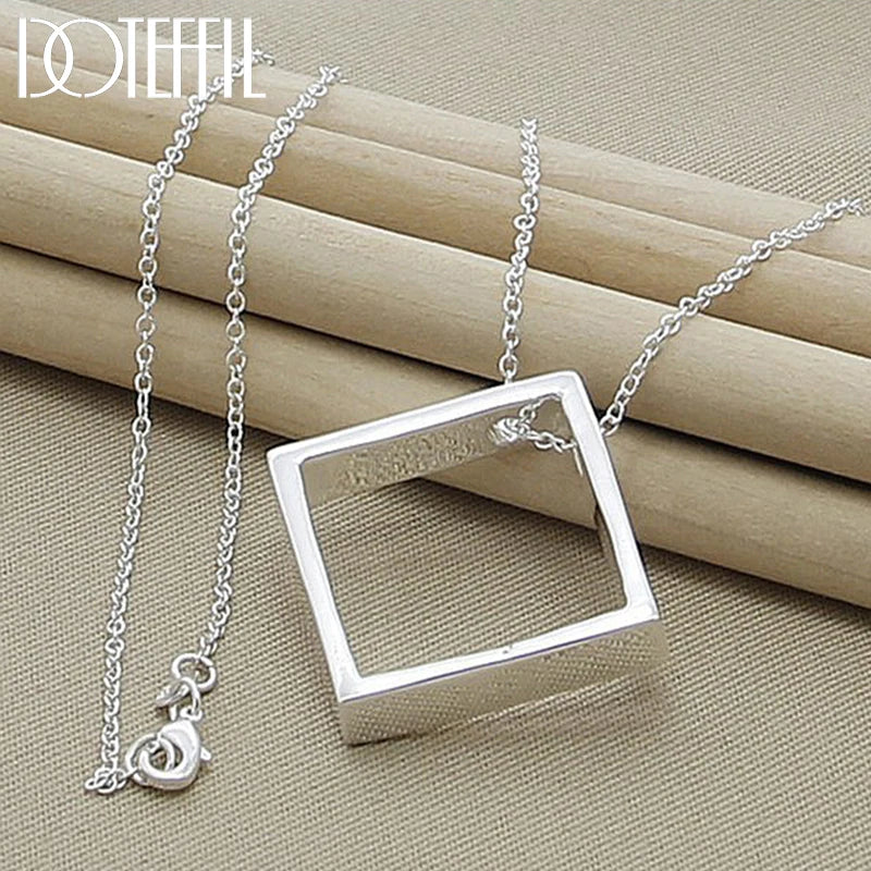 925 Silver Square Pendant Necklace 18 Inch Chain Wedding Charm Jewelry