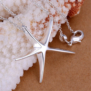 925 Silver Starfish Pendant Necklace 18 Inch Chain Women Wedding Jewelry