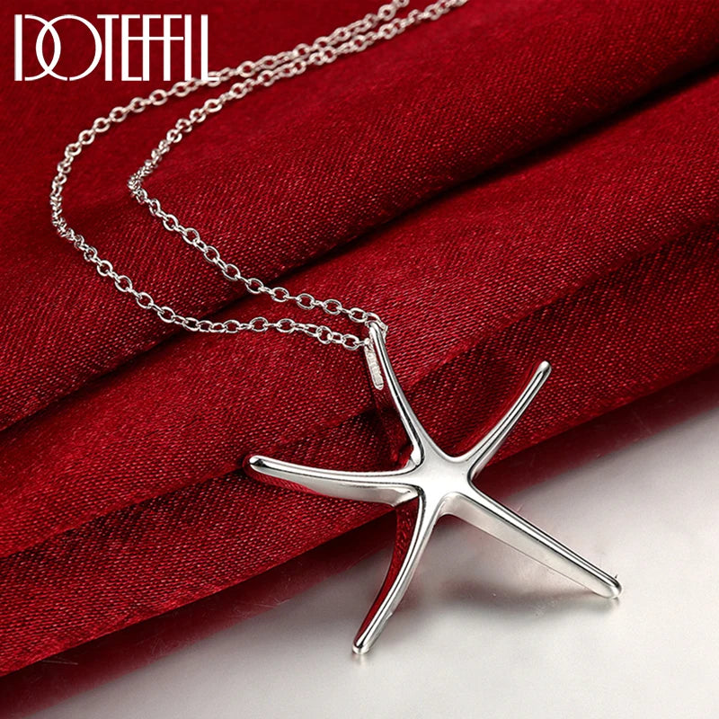 925 Silver Starfish Pendant Necklace 18 Inch Chain Women Wedding Jewelry
