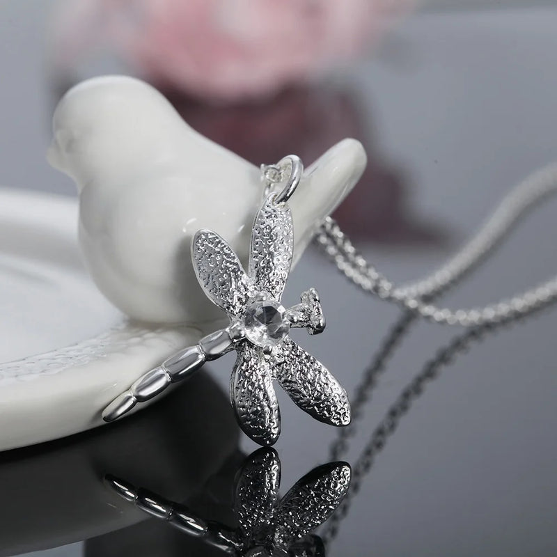925 Silver 18" Crystal Dragonfly Pendant Necklace Wedding Party Jewelry
