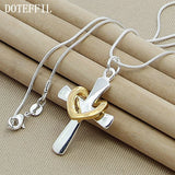 925 Silver 18" Snake Chain Cross Heart Pendant Necklace for Women