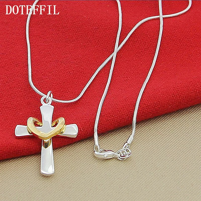 925 Silver 18" Snake Chain Cross Heart Pendant Necklace for Women
