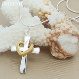 925 Silver 18" Snake Chain Cross Heart Pendant Necklace for Women