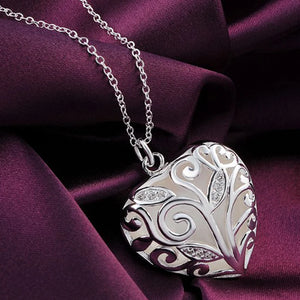 925 Silver 18" Stereoscopic Heart Zircon Pendant Necklace Women Wedding