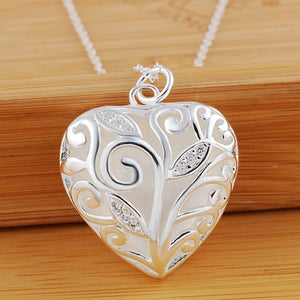 925 Silver 18" Stereoscopic Heart Zircon Pendant Necklace Women Wedding
