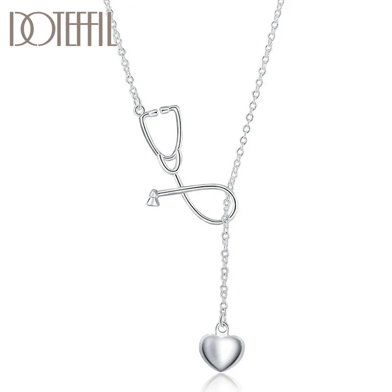 925 Sterling Silver Stethoscope Heart Pendant Necklace for Women