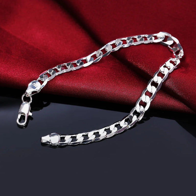 925 Silver 18K Flat Side Chain Bracelet Women Wedding Party Jewelry