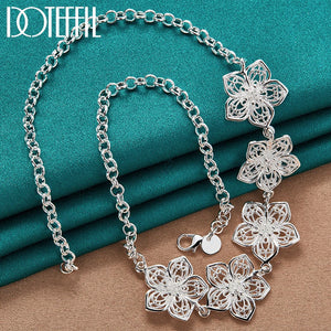 925 Silver 20in Five Flower Pendant Necklace Chain Women Wedding Charm