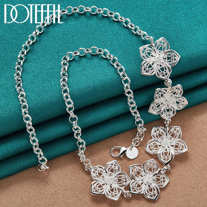 925 Silver 20in Five Flower Pendant Necklace Chain Women Wedding Charm