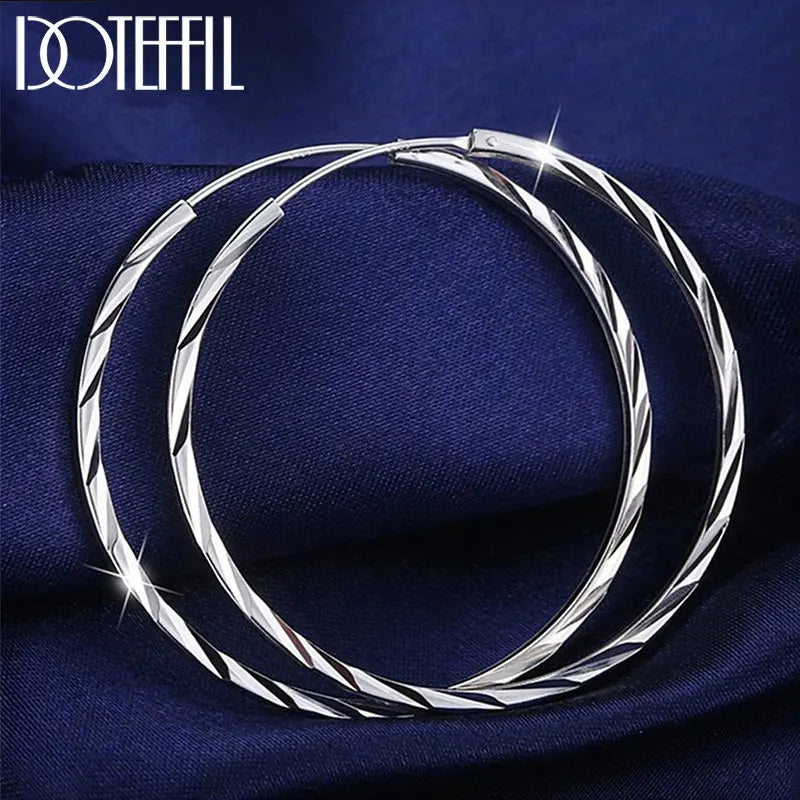 925 Silver 35/50mm Round Circle Hoop Earrings Women Gift Charm Wedding Jewelry