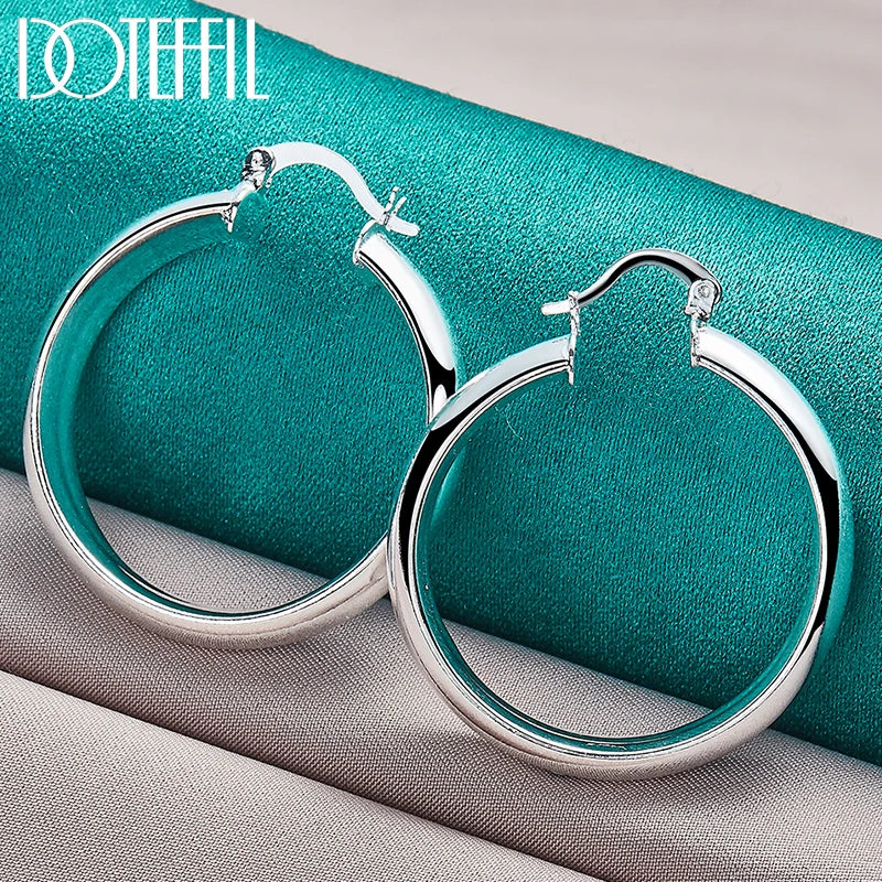 925 Sterling Silver 35mm Circle Smooth Hoop Earring For Woman