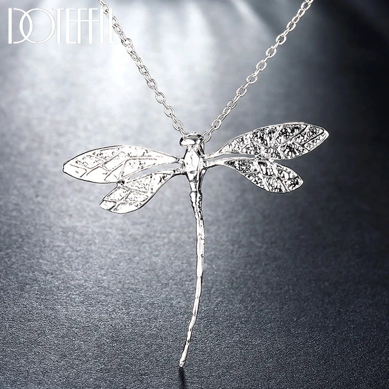 925 Silver Big Dragonfly Pendant Necklace Women Wedding Jewelry