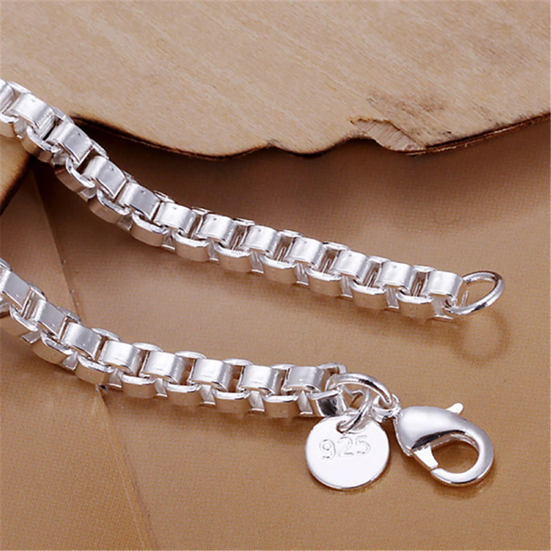 925 Silver 4mm Square Box Chain 8" Bracelet Woman Charm Wedding Party