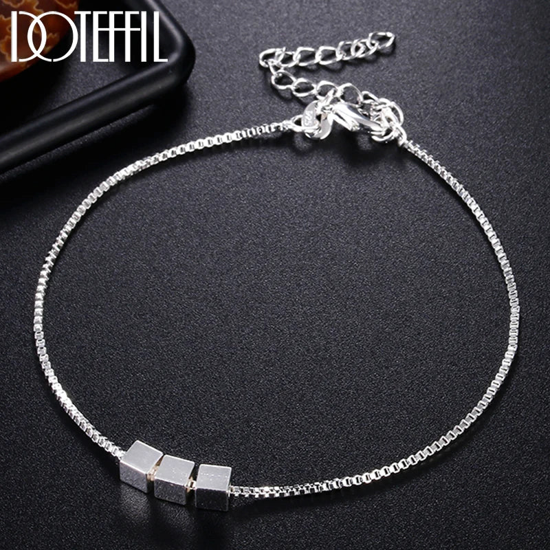 925 Silver 4mm Three Square Chain Bracelet Women Wedding Jewelry