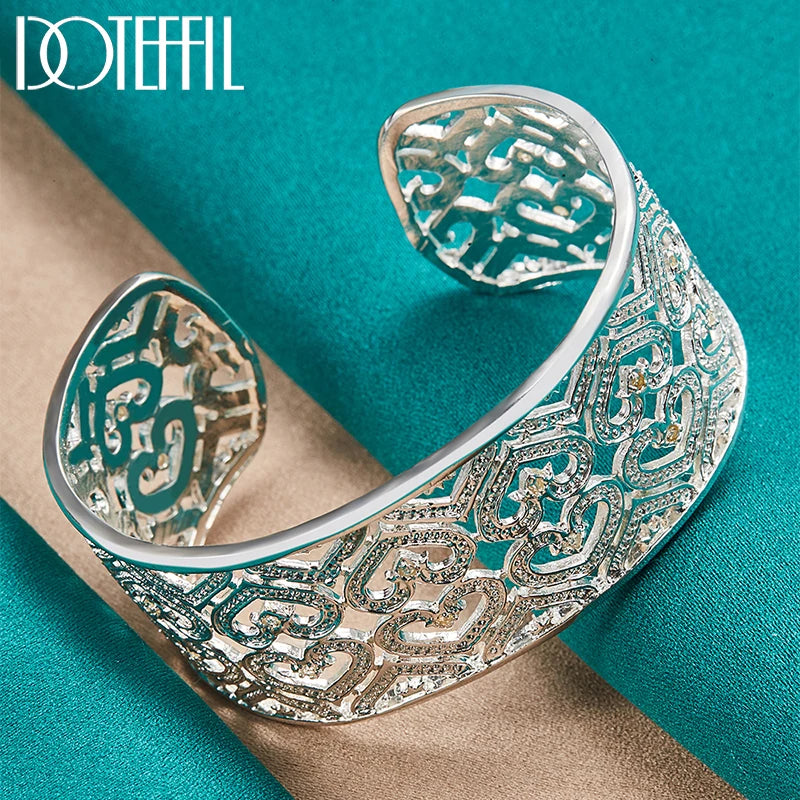 925 Sterling Silver Heart Bangle Bracelet for Wedding Engagement Charm Party