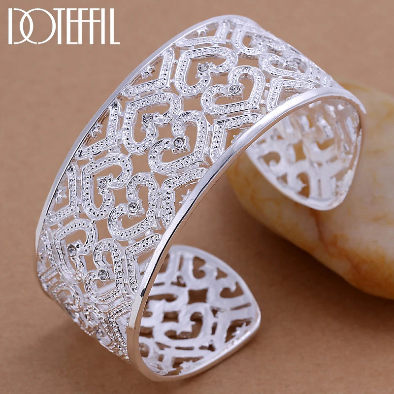 925 Silver Big Heart Bangle Bracelet Wedding Engagement Party Jewelry