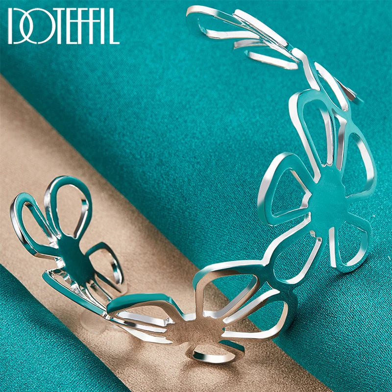 925 Silver Big Flower Bangle Bracelet For Women