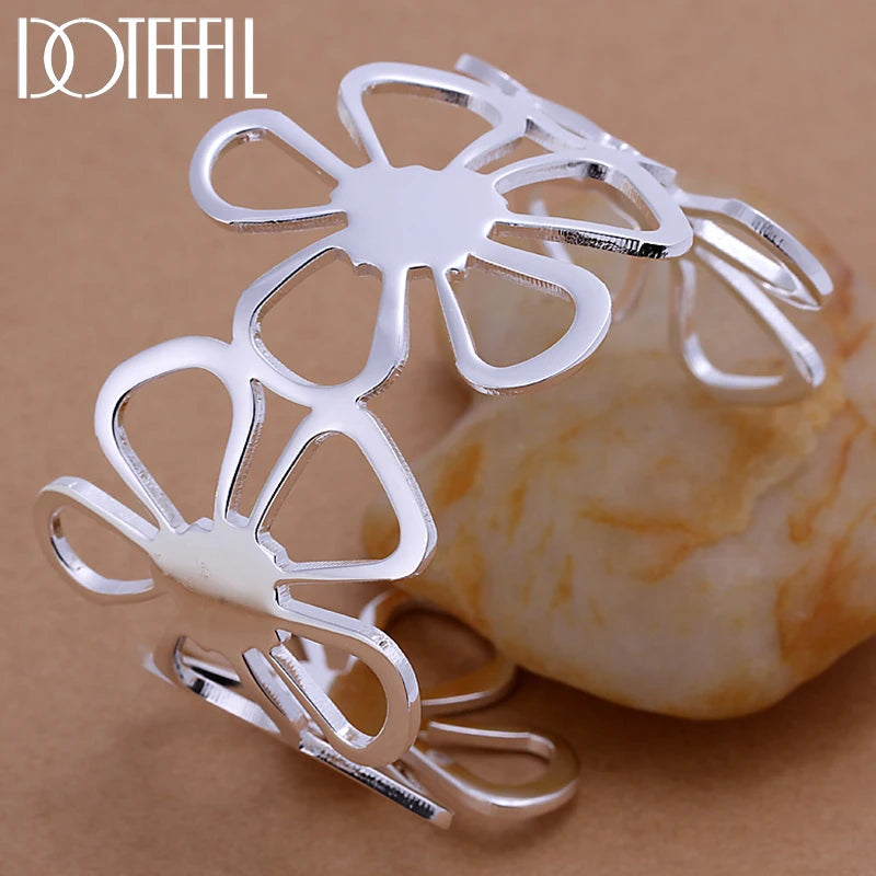 925 Silver Big Flower Bangle Bracelet Wedding Engagement Charm Jewelry
