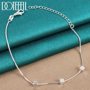 925 Silver Box Chain Pendant Bracelet 4mm Square for Women Wedding Engagement