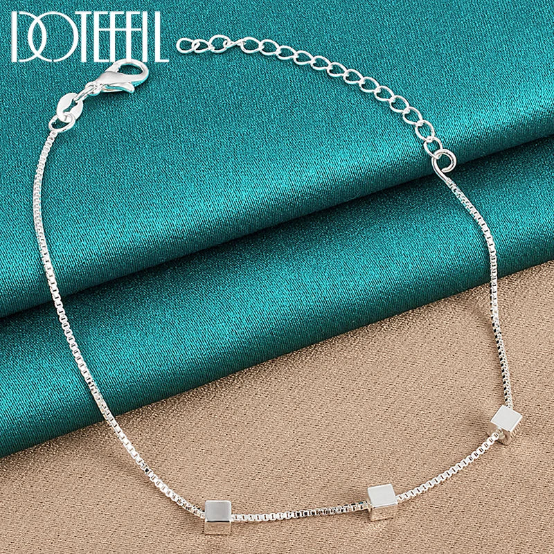 925 Silver Box Chain Pendant Bracelet 4mm Square for Women Wedding Engagement