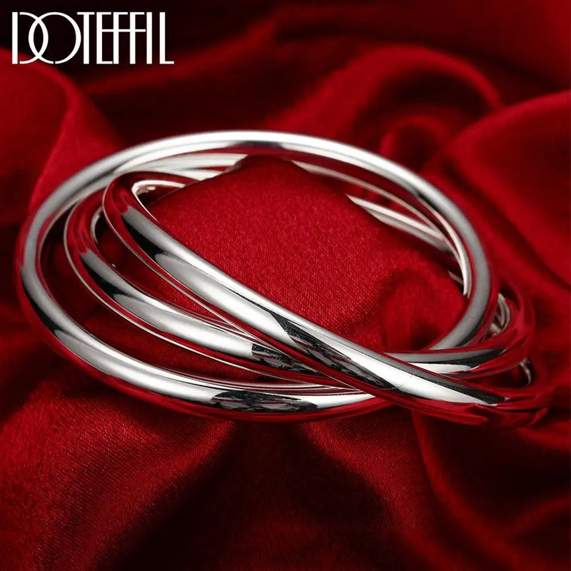 925 Silver Bracelet Bangle Three Lines Smooth High Solid Jewelry