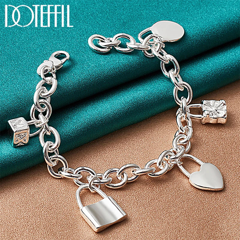 925 Silver Heart/Circle/Square Lock Bracelet Bangle Jewelry