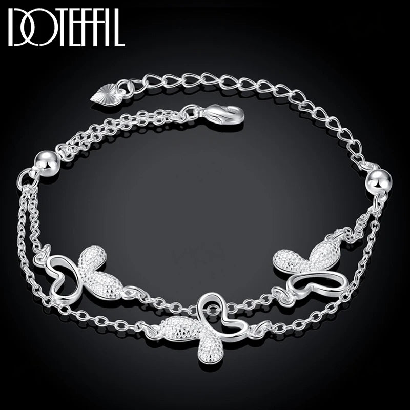 925 Silver Butterfly Heart Bead Chain Bracelet Party Jewelry