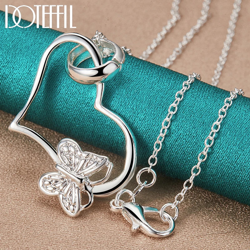 925 Silver Butterfly Heart Pendant Necklace 18-30 Inch Chain