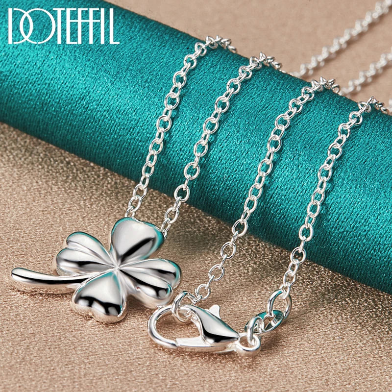 925 Silver Clover Flower Pendant Necklace 18 Inch Chain Women Wedding Engagement