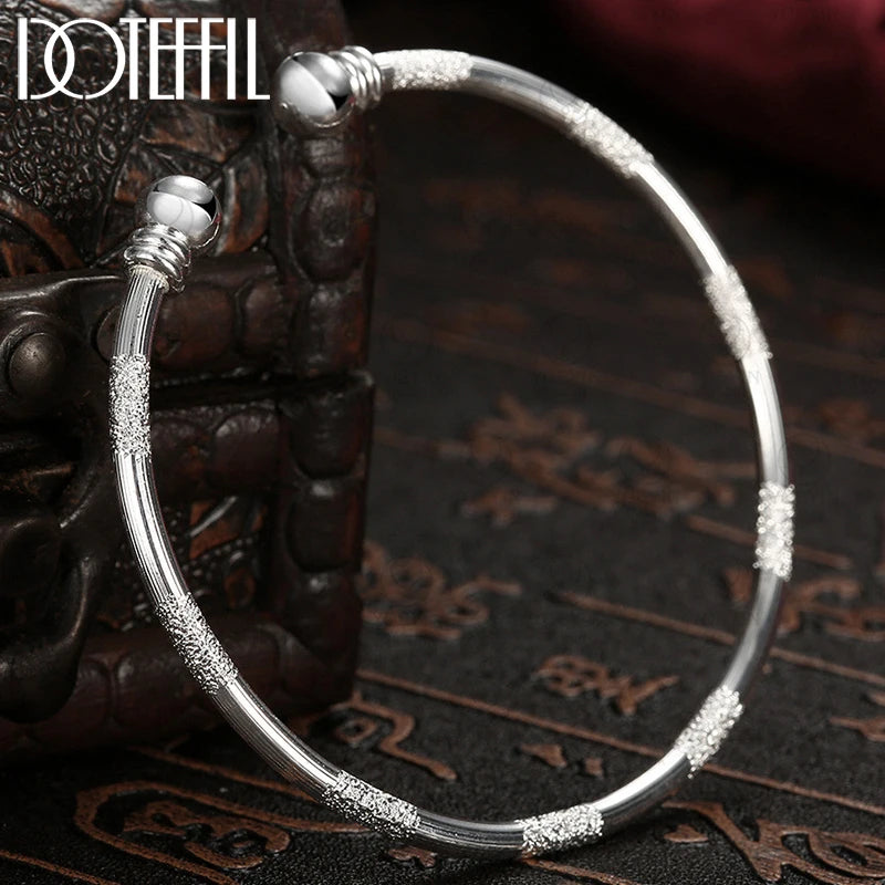 925 Silver Double Beads Matte Cuff Bangle Bracelet for Wedding Engagement