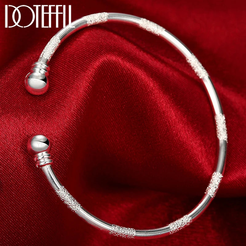925 Sterling Silver Double Beads Matte Cuff Bangle Bracelet