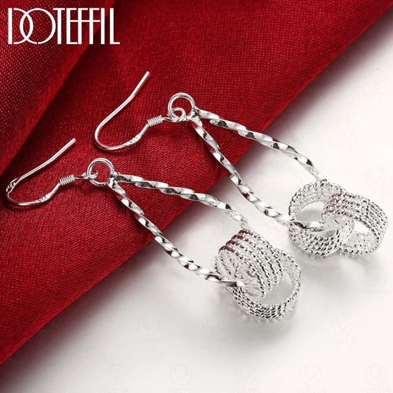 925 Silver Double Circle Drop Earrings Charm Wedding Engagement Party Gift