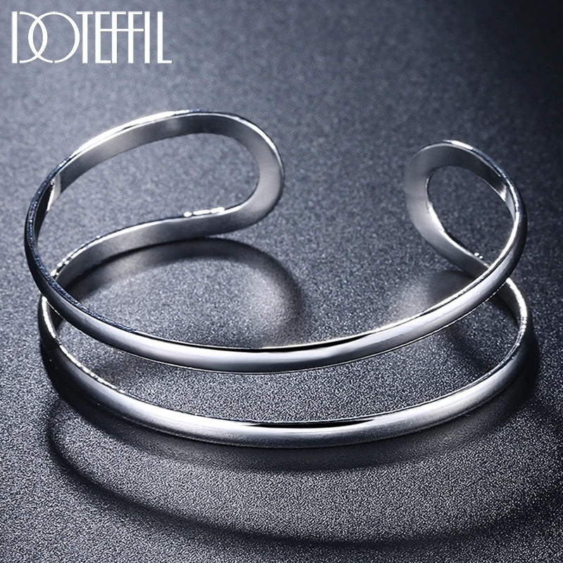 925 Silver Double Circle Bangle Bracelet Wedding Engagement Charm Jewelry