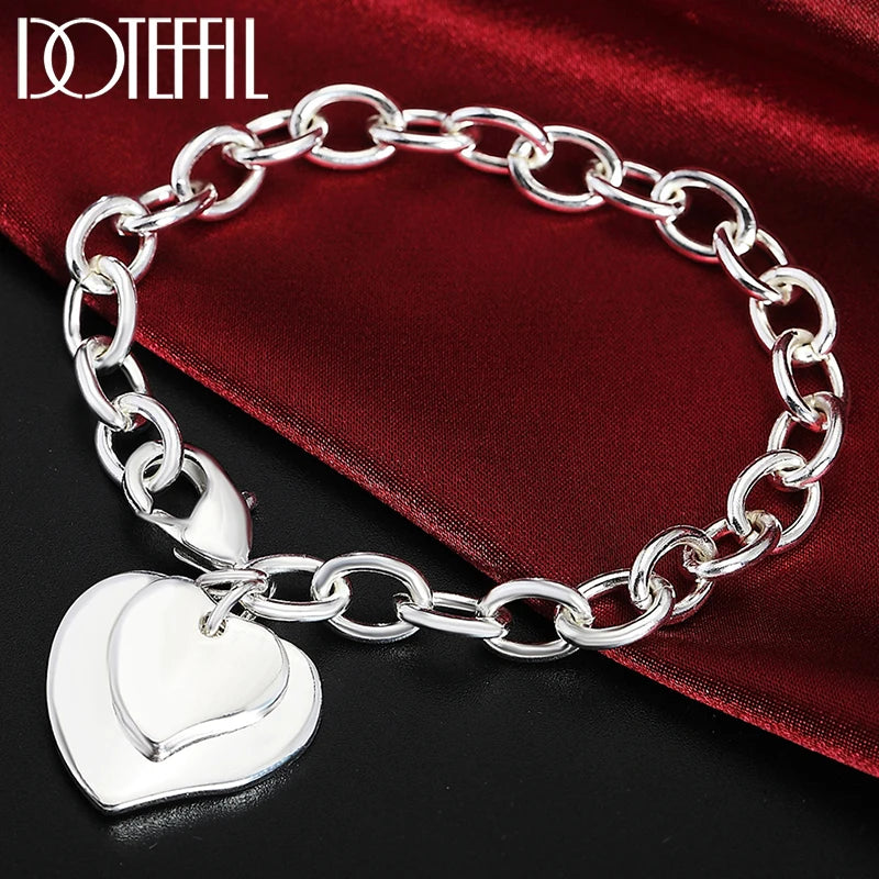 925 Silver Double Heart Chain Bracelet for Women