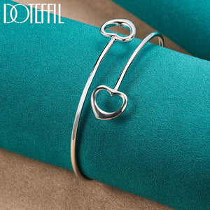 925 Silver Double Heart Bangle Bracelet Wedding Jewelry