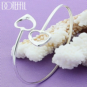 925 Silver Double Heart Bangle Bracelet Wedding Engagement Jewelry