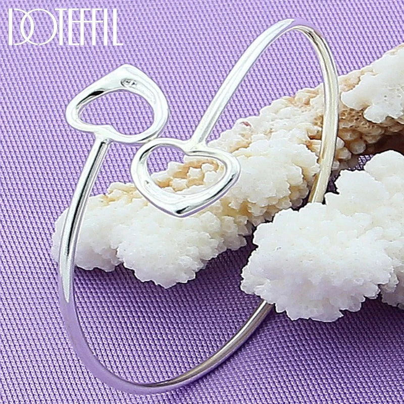 925 Silver Double Heart Bangle Bracelet Wedding Engagement Jewelry