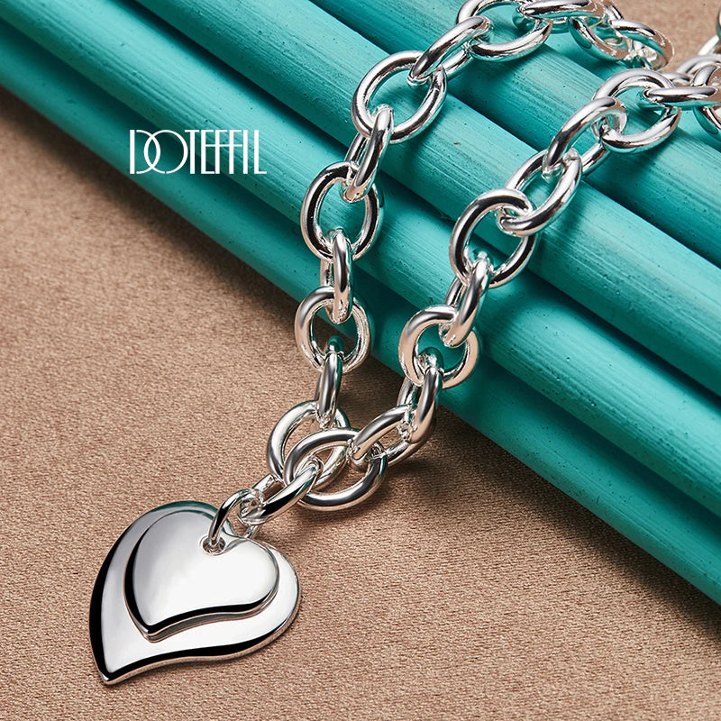925 Silver Double Heart Pendant Necklace 18" Chain