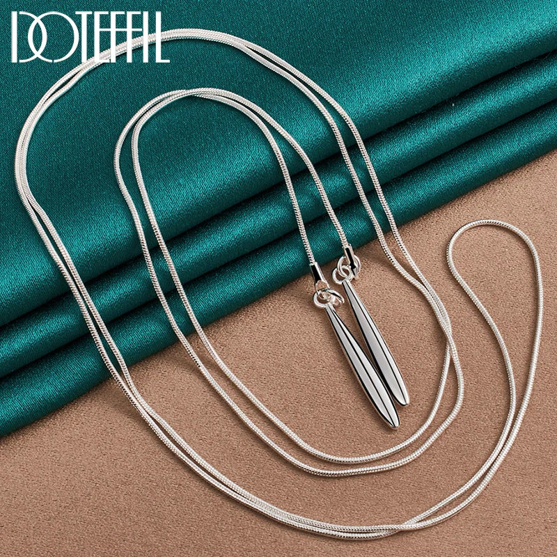 925 Silver Double Leaf 18 Inch Snake Chain Necklace Women Wedding Engagement