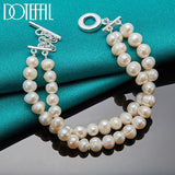925 Silver Double Freshwater Pearl Chain Bracelet for Wedding