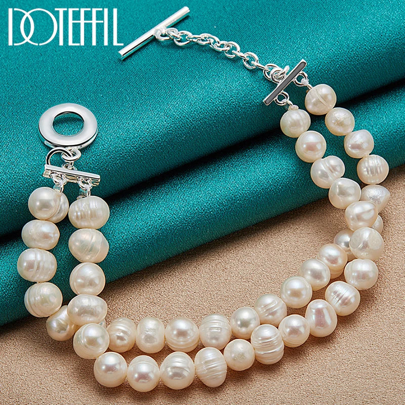 925 Silver Double Freshwater Pearl Chain Bracelet for Wedding