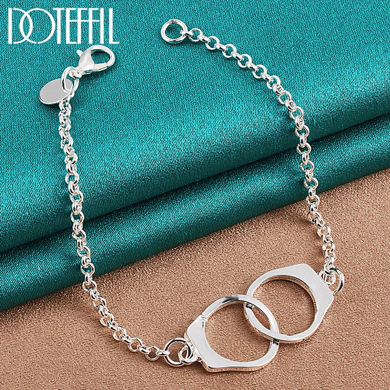925 Silver Double Round Circle Bracelet Chain Women Man Wedding