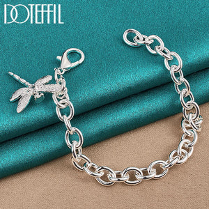 925 Silver Dragonfly Pendant Bracelet Thick Chain Wedding Party Jewelry