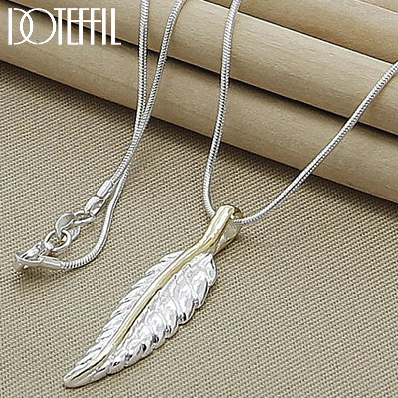 925 Silver Feather Pendant Necklace + 18in Snake Chain