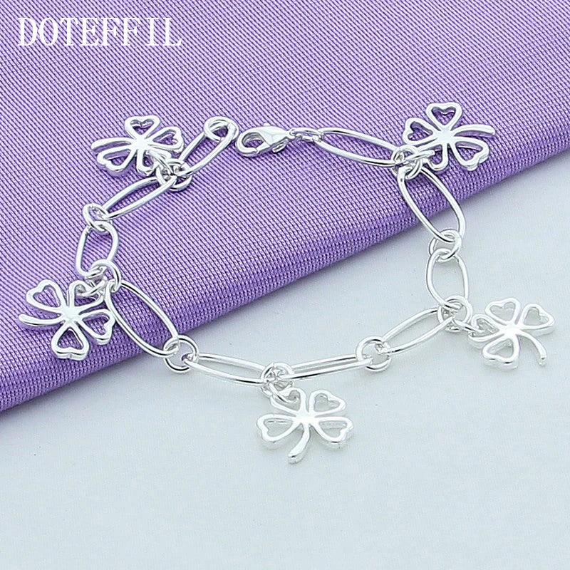 925 Silver 5 Clover Flowers Heart Bracelet Women Wedding Jewelry