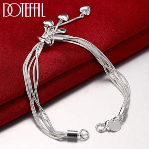 925 Silver 5 Heart Snake Chain Bracelet Women Charm Wedding Jewelry