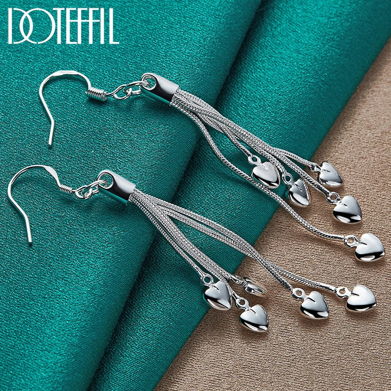 925 Silver 5 Heart Snake Chain Earrings Wedding Jewelry